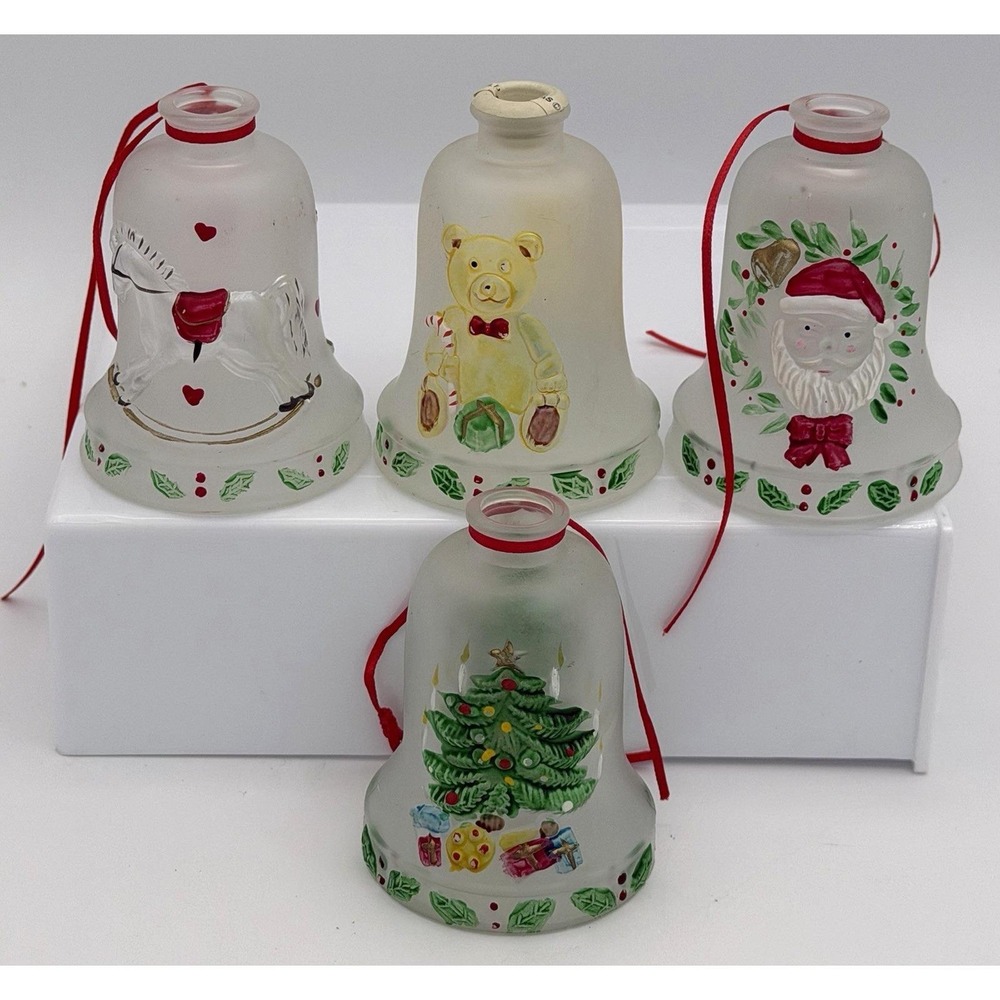 4 Frosted Glass Bell Ornaments Hand Painted Light String Bulb Covers Lot Vintage